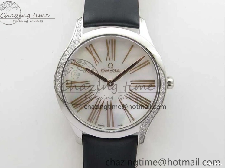 0420 StreetReady Ladies’ De Ville Trésor Diamond SS 3AF 1:1 Best Edition White MOP Dial RG Markers On Black Fabric strap Swiss Quartz 7884